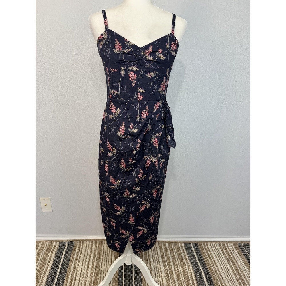 Rebecca Taylor Ivie Dress Women's 8 Blue Floral Sweetheart Wrap Midi Cotton